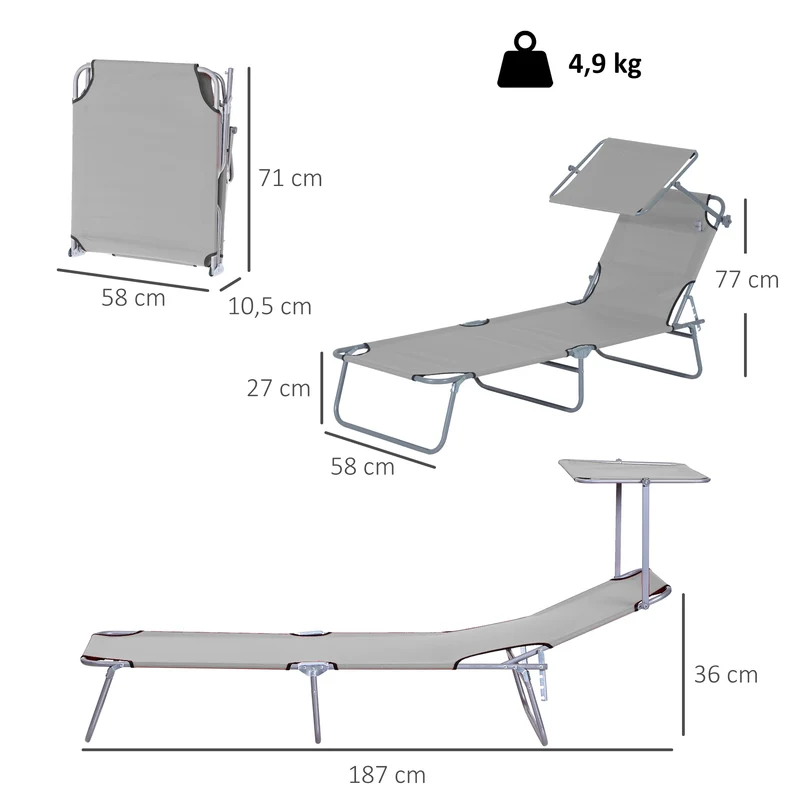 Outsunny Tumbona Plegable Tumbona de Jardín Exterior Reclinable con Toldo Desmontable con Ángulo Regulable Respaldo Ajustable en 4 Niveles para Terraza Piscina Patio 187x58x36 cm Gris Claro