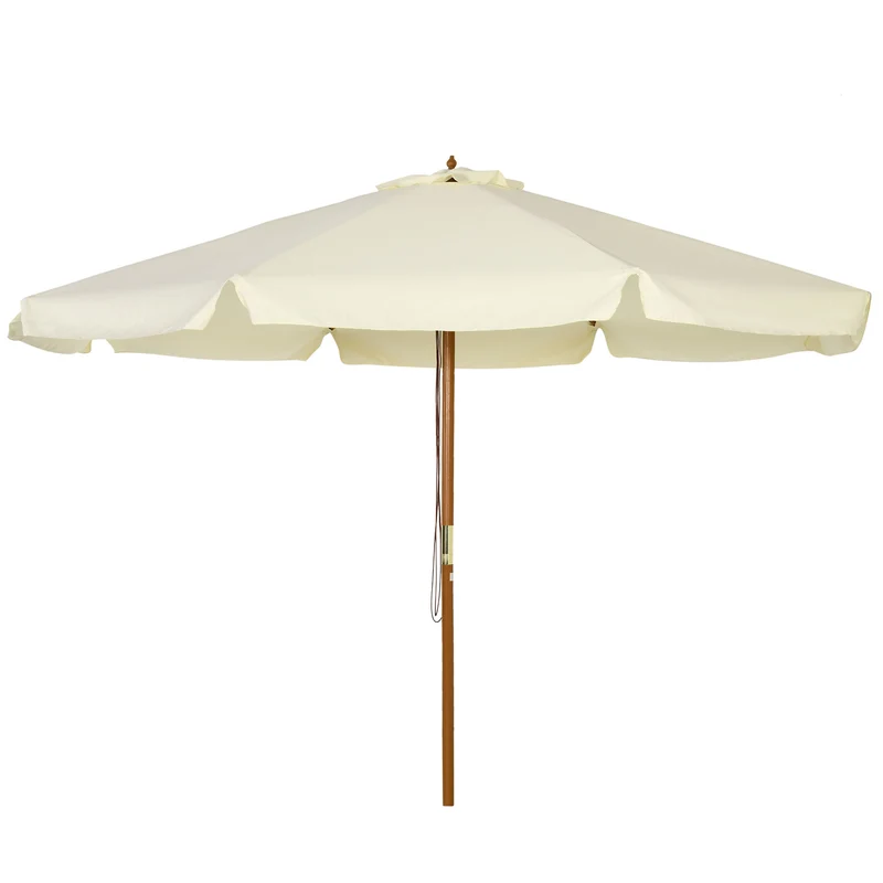 Outsunny Sombrilla Terraza Exterior Ø325 cm Sombrilla de Jardín con Sistema de Polea Techo Ventilado 8 Varillas de Bambú y Poste de Madera Parasol para Patio Terraza Crema