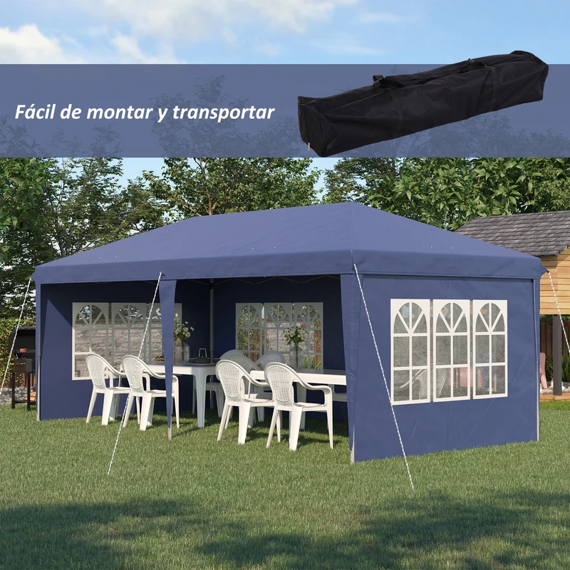 Outsunny Carpa Plegable 6x3 m con 4 Laterales Desmontables Cenador de Jardín con 4 Ventanas Visibles y Bolsa de Transporte Impermeable Gazebo para Exterior Patio Terraza Azul