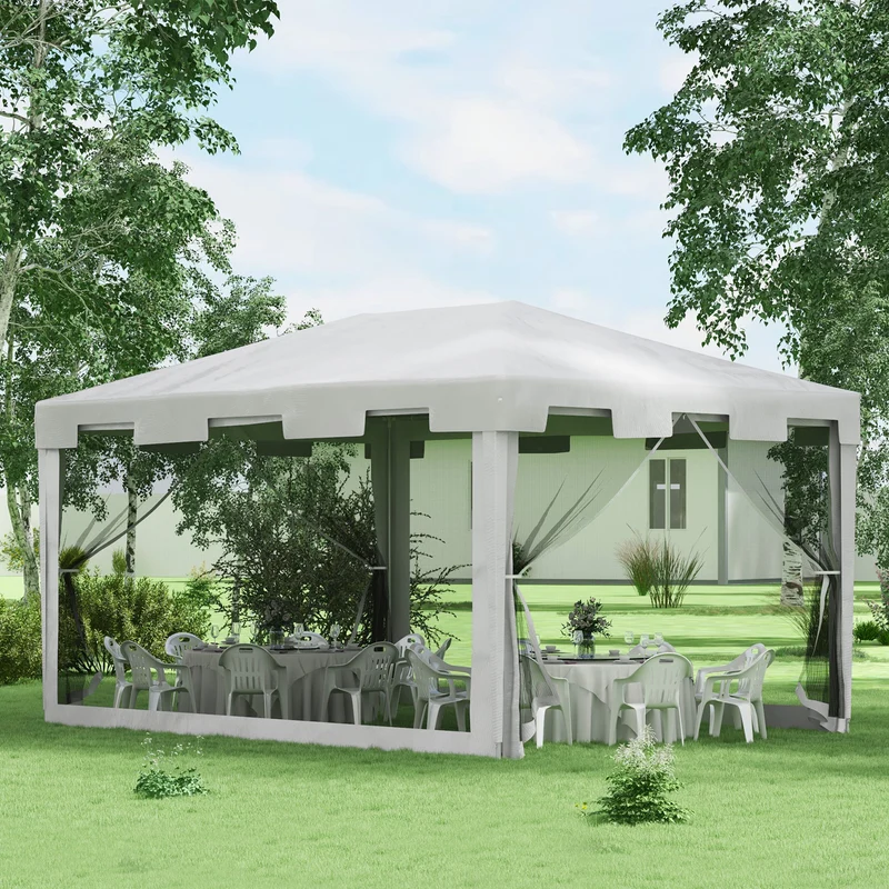 Outsunny Carpa de Jardín 4x3 m Cenador Desmontable Exterior con 4 Mosquiteras Laterales 2 Puertas con Cremallera y 6 Orificios de Drenaje Impermeable Anti-UV para Terraza Patio Playa Blanco y Negro