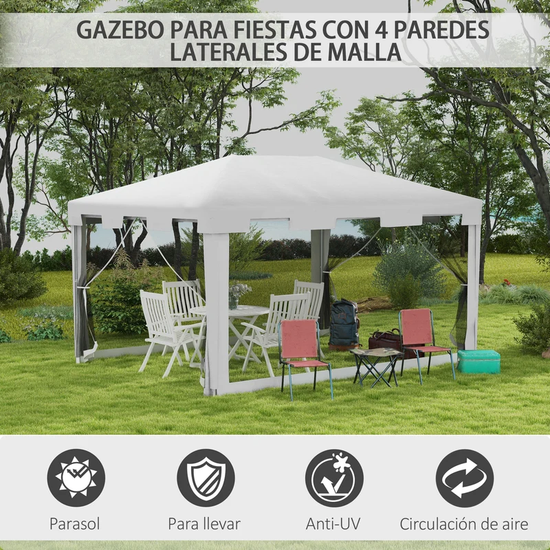 Outsunny Carpa de Jardín 4x3 m Cenador Desmontable Exterior con 4 Mosquiteras Laterales 2 Puertas con Cremallera y 6 Orificios de Drenaje Impermeable Anti-UV para Terraza Patio Playa Blanco y Negro