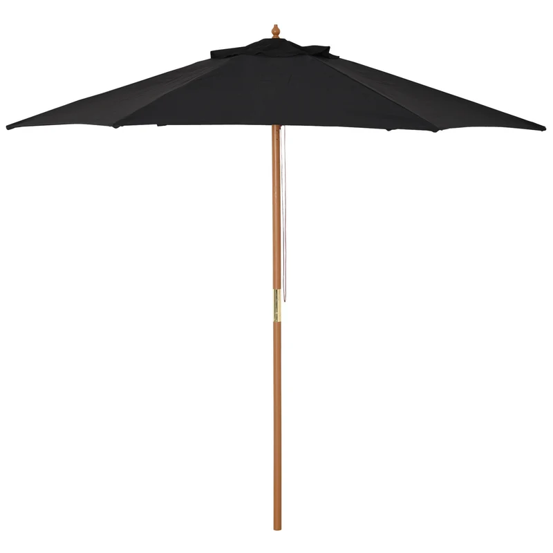 Outsunny Sombrilla de Jardín Ø250x230 cm Parasol de Terraza con 6 Varillas Poste Desmontable Anti-UV Impermeable y Marco de Madera para Playa Patio Negro