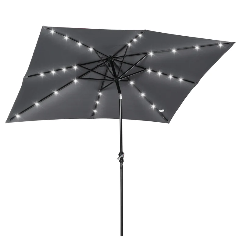 Outsunny Sombrilla Terraza Exterior 268x205x248 cm Sombrilla de Jardín con Techo Inclinable hasta 45° Luces LED Solares Poste de Acero y Manivela Parasol para Patio Terraza Gris Oscuro