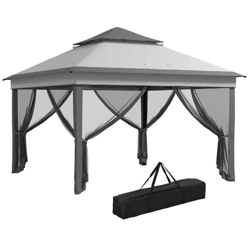 Outsunny Carpa Plegable 3x3x2,7 m Cenador de Jardín con Doble Techo Altura Ajustable 4 Mosquiteras Protección UV30+ Impermeable y Bolsa Gazebo para Exterior Fiestas Camping Gris