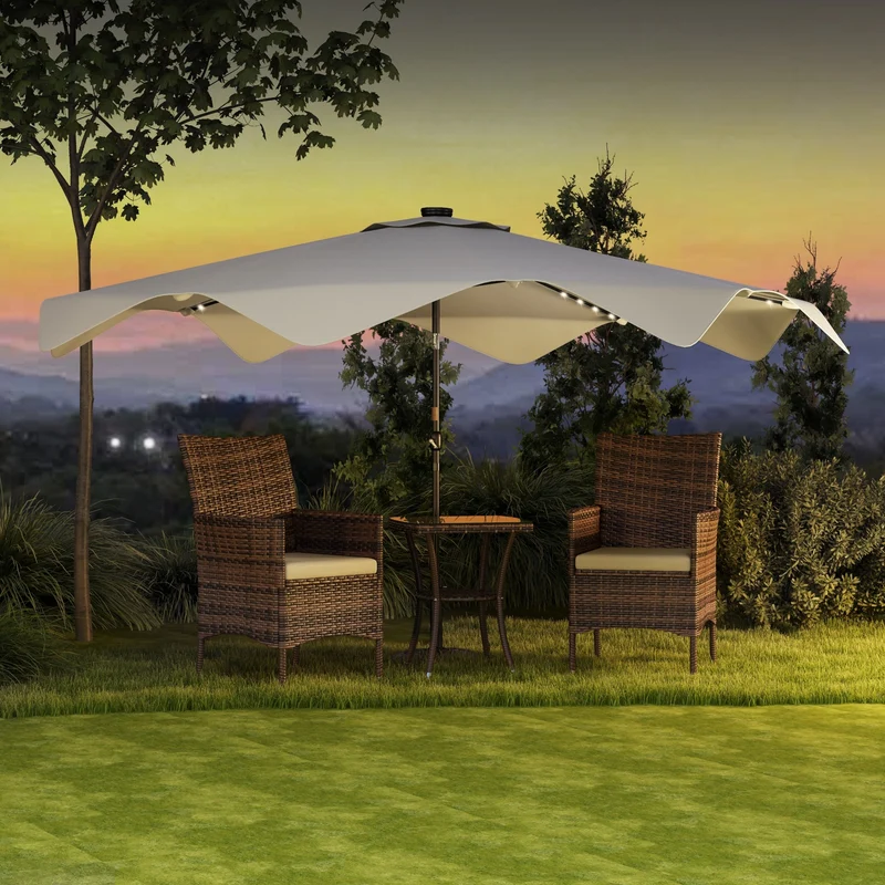 Outsunny Sombrilla de Jardín Ø292x248 cm Parasol de Terraza Manual con 32 Luces LED Solares 8 Varillas Ángulo Ajustable Impermeable y Rejillas de Ventilación para Patio Balcón Crema