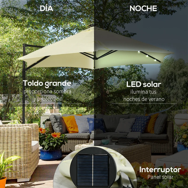 Outsunny Sombrilla de Jardín Ø256x248 cm Parasol de Terraza Manual con Luces LED Solares Poste Giratorio 360° y Ventilación Superior para Jardín Patio Piscina Beige