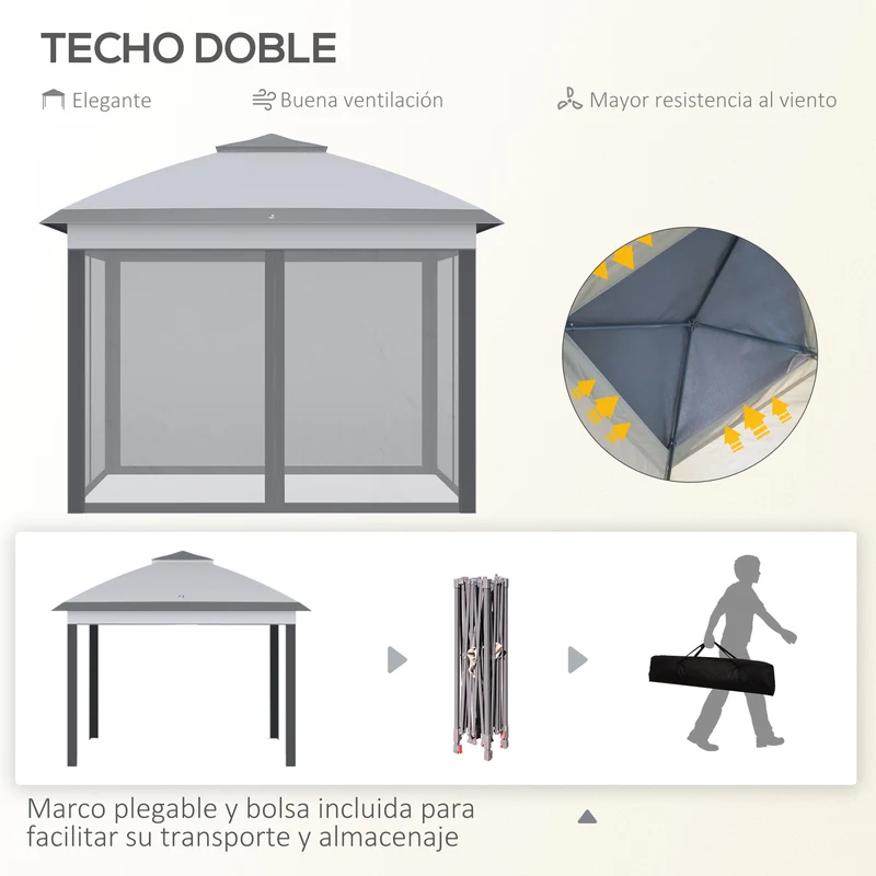 Outsunny Carpa Plegable 3,3x3,3 m Cenador de Jardín con Altura Ajustable en 3 Niveles Doble Techo 4 Mosquiteras Extraíbles y Bolsa de Transporte Impermeable Anti-UV Gazebo para Exterior Fiestas Gris