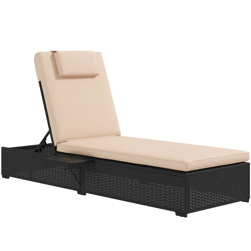 Outsunny Tumbona de Ratán Reclinable Tumbona para Jardín con Respaldo Ajustable en 5 Niveles Mesita y Cojín Carga 120 kg para Patio Terraza Negro y Beige