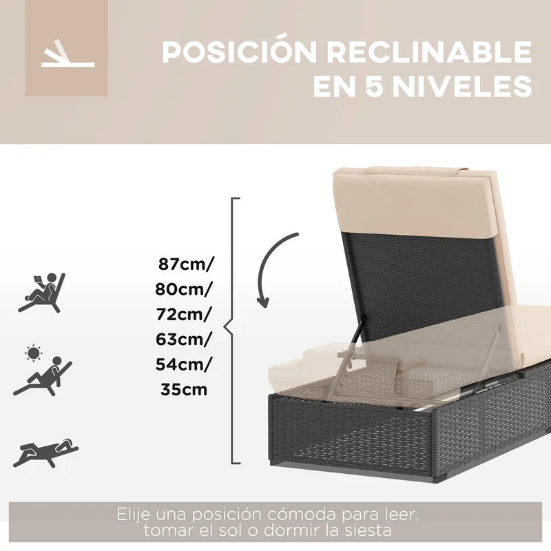 Outsunny Tumbona de Ratán Reclinable Tumbona para Jardín con Respaldo Ajustable en 5 Niveles Mesita y Cojín Carga 120 kg para Patio Terraza Negro y Beige