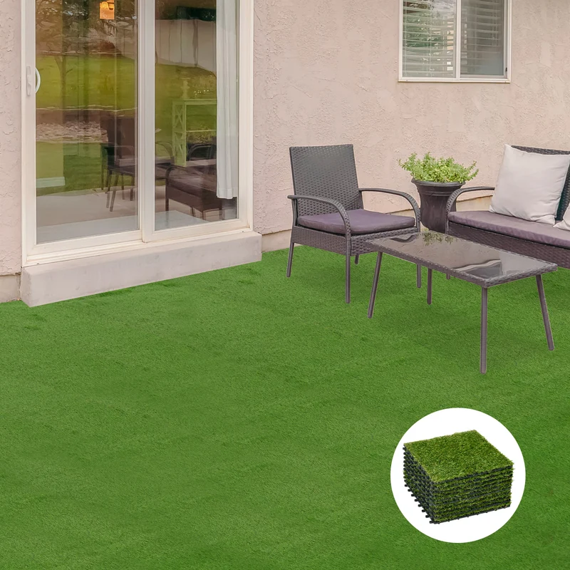 Outsunny Césped Artificial de 10 Piezas 30x30 cm Césped Sintético con Altura de Hierba 25 mm Anti-UV Alfombra Césped Artificial para Jardín Escuela Patio Verde Oscuro