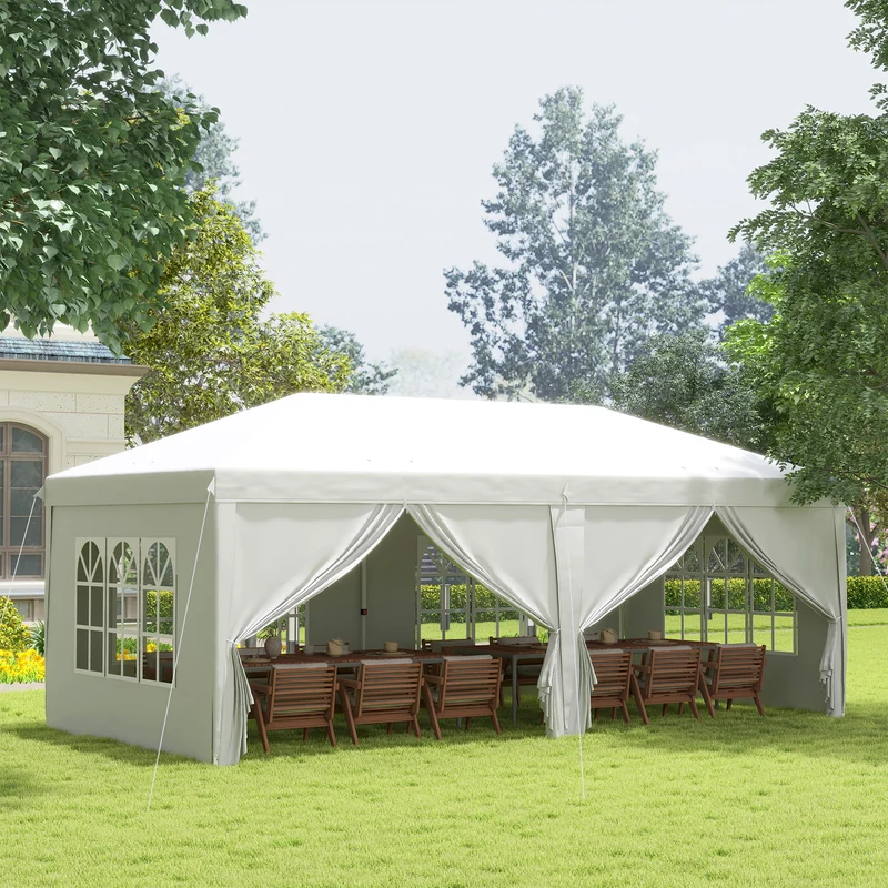 Outsunny Carpa Plegable 6x3 m Cenador de Jardín con Altura Ajustable 6 Paneles Laterales 2 Puertas Cremallera 4 Ventanas Bolsa de Transporte e Impermeable Gazebo para Exterior Terraza Camping Blanco