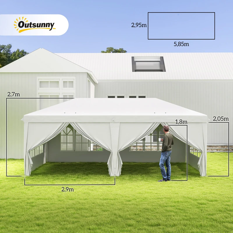 Outsunny Carpa Plegable 6x3 m Cenador de Jardín con Altura Ajustable 6 Paneles Laterales 2 Puertas Cremallera 4 Ventanas Bolsa de Transporte e Impermeable Gazebo para Exterior Terraza Camping Blanco