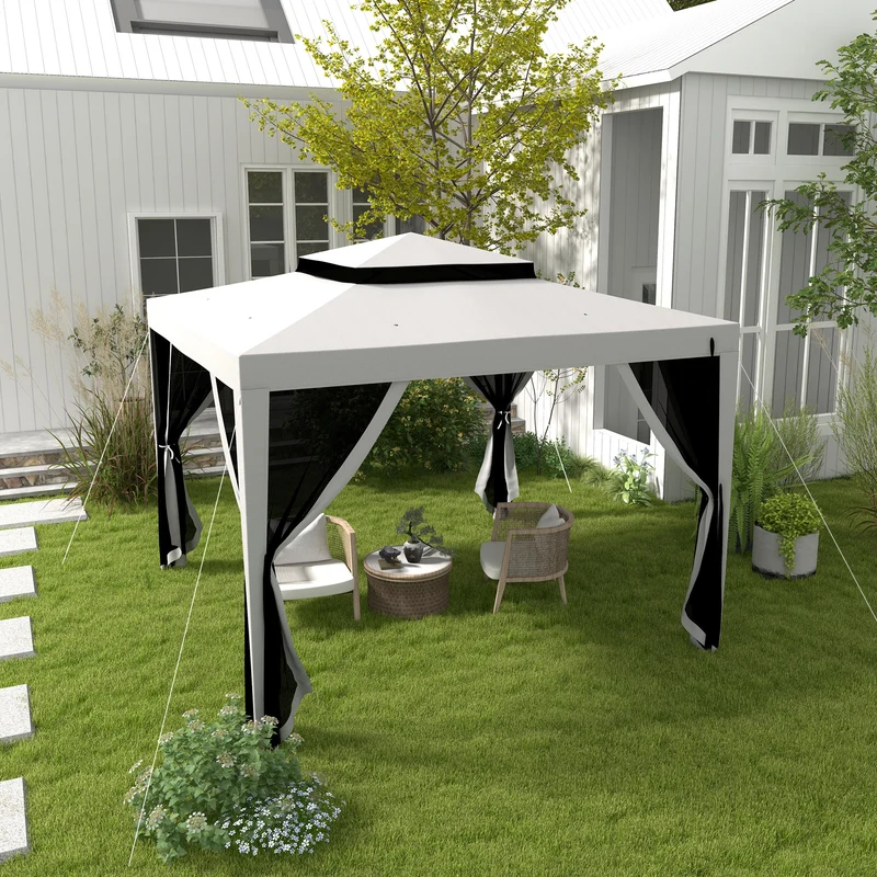 Outsunny Carpa de Jardín 3x3 m Cenador Desmontable de Exterior Gazebo con 4 Mosquiteras Laterales Techo Doble y Marco Metálico Anti-UV Impermeable Pabellón para Terraza Patio Gris