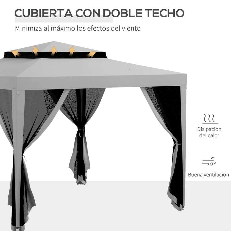 Outsunny Carpa de Jardín 3x3 m Cenador Desmontable de Exterior Gazebo con 4 Mosquiteras Laterales Techo Doble y Marco Metálico Anti-UV Impermeable Pabellón para Terraza Patio Gris