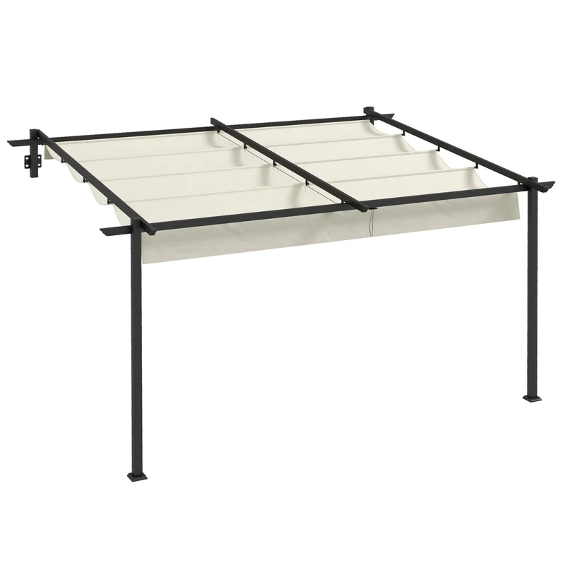 Outsunny Pérgola de Pared 4x3 m Cenador de Jardín con Techo Retráctil de Poliéster y Marco de Acero para Celebraciones Fiestas Bodas Crema y Gris Oscuro