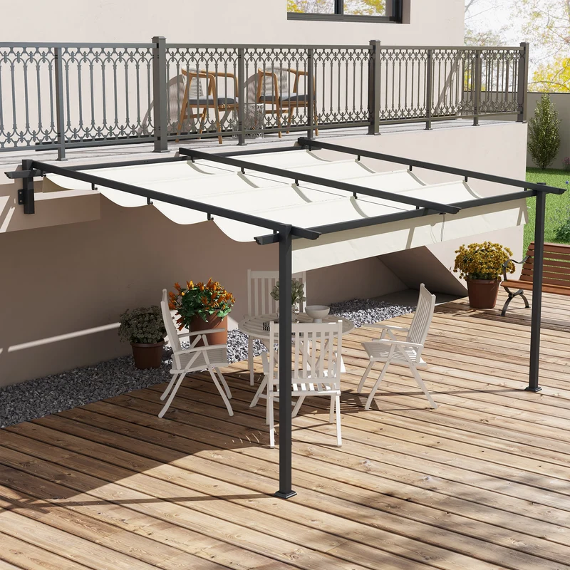 Outsunny Pérgola de Pared 4x3 m Cenador de Jardín con Techo Retráctil de Poliéster y Marco de Acero para Celebraciones Fiestas Bodas Crema y Gris Oscuro