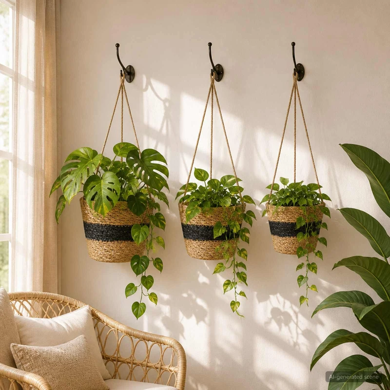 Hanging Plant Pot 3 Uds. Natural Y Negro Ø26 X 19 Cm