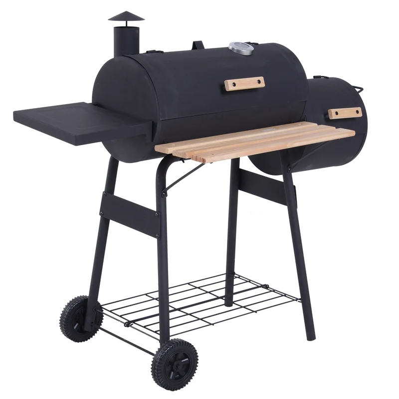 Outsunny Barbacoa De Carbón Con Termómetro Ruedas Estantes Madera 124x53x108cm