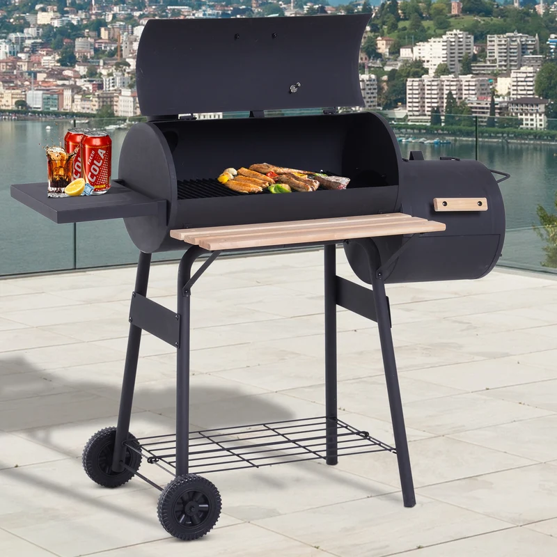 Outsunny Barbacoa De Carbón Con Termómetro Ruedas Estantes Madera 124x53x108cm