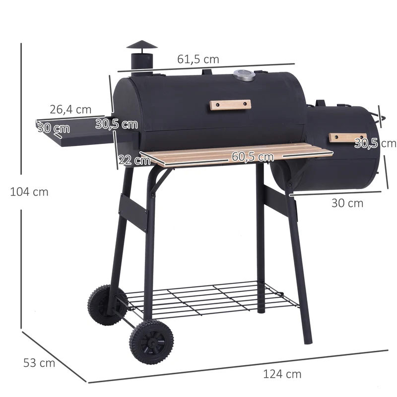 Outsunny Barbacoa De Carbón Con Termómetro Ruedas Estantes Madera 124x53x108cm