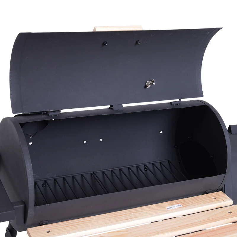 Outsunny Barbacoa De Carbón Con Termómetro Ruedas Estantes Madera 124x53x108cm