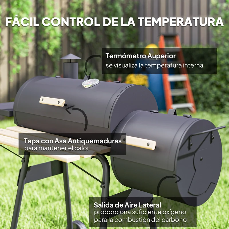 Outsunny Barbacoa De Carbón Con Termómetro Ruedas Estantes Madera 124x53x108cm