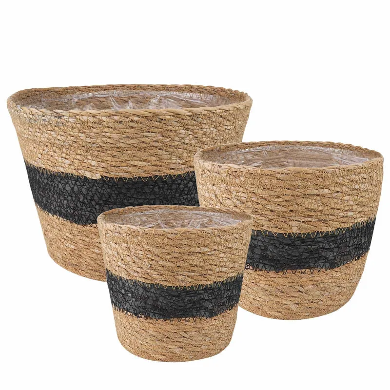 Plant Pot 3 Uds. Natural Y Negro Ø26 X 19 Cm 100% Hierba Marina