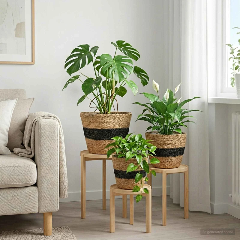 Plant Pot 3 Uds. Natural Y Negro Ø26 X 19 Cm 100% Hierba Marina