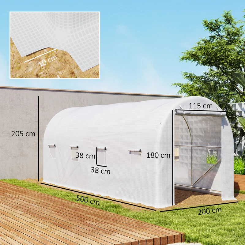 Outsunny Invernadero De Túnel 500x200x205 Cm Con Puerta Enrollable Y 8 Ventanas