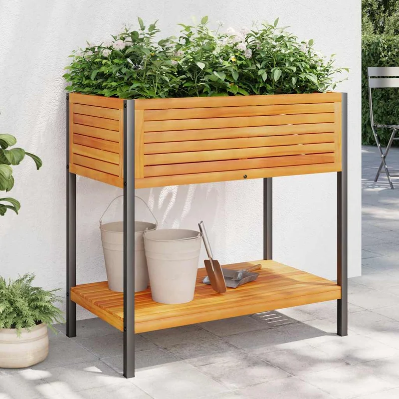 Jardinera Con Estante Madera Maciza Acacia Y Acero 80x45x80 Cm