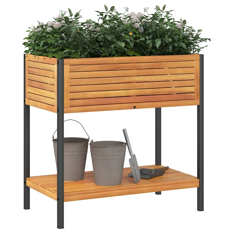 Jardinera Con Estante Madera Maciza Acacia Y Acero 80x45x80 Cm