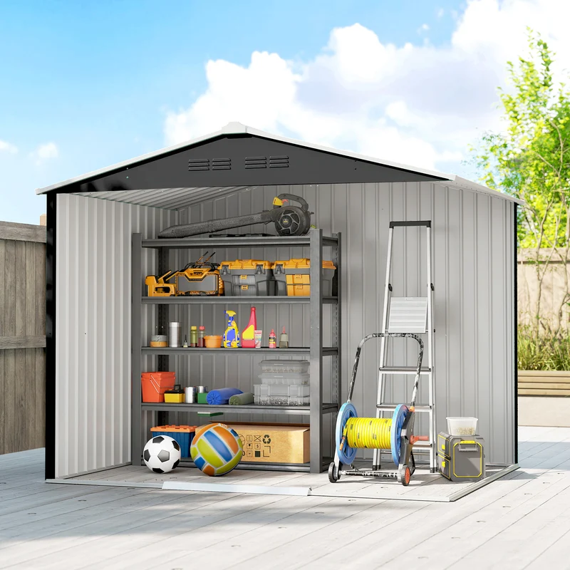 Outsunny Caseta de Jardín Exterior 3,6 m², 236x171x191 cm, Cobertizo de Jardín Exterior Metálico con Puertas Correderas y Ranuras de Ventilación, para Almacenamiento de Herramientas, Gris Oscuro