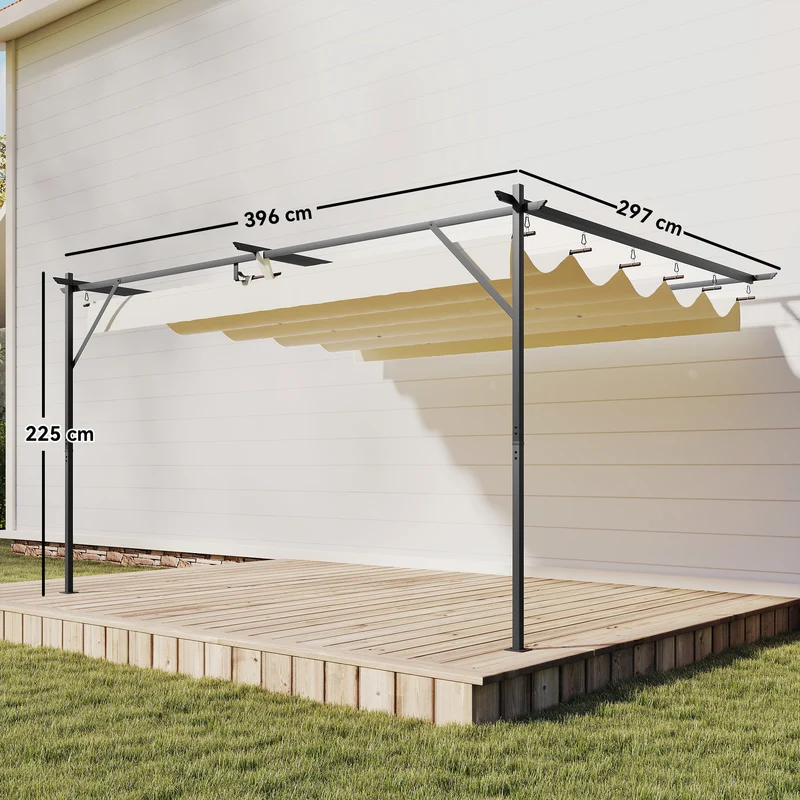 Outsunny Pérgola de Pared de Jardín 4x3 m, Cenador de Jardín con Techo Retráctil, Protección UPF30+, Orificios de Drenaje y Estructura Metálica, Pabellón para Patio, Terraza, Exterior, Blanco Crema