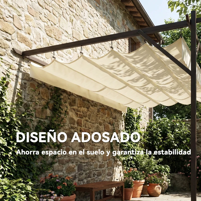 Outsunny Pérgola de Pared de Jardín 4x3 m, Cenador de Jardín con Techo Retráctil, Protección UPF30+, Orificios de Drenaje y Estructura Metálica, Pabellón para Patio, Terraza, Exterior, Blanco Crema