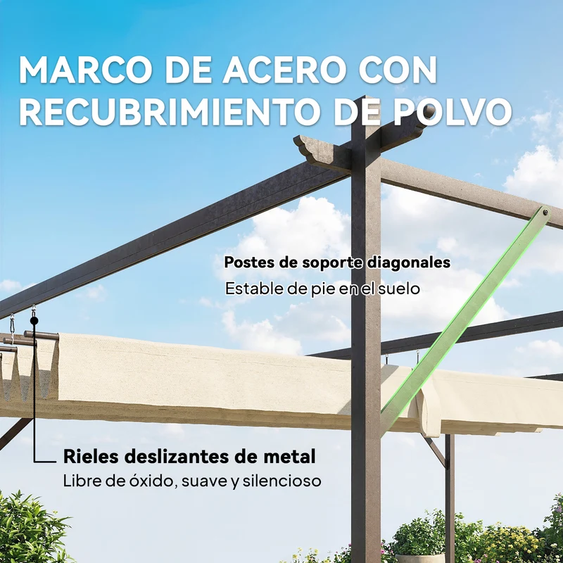 Outsunny Pérgola de Pared de Jardín 4x3 m, Cenador de Jardín con Techo Retráctil, Protección UPF30+, Orificios de Drenaje y Estructura Metálica, Pabellón para Patio, Terraza, Exterior, Blanco Crema