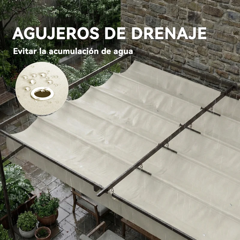 Outsunny Pérgola de Pared de Jardín 4x3 m, Cenador de Jardín con Techo Retráctil, Protección UPF30+, Orificios de Drenaje y Estructura Metálica, Pabellón para Patio, Terraza, Exterior, Blanco Crema