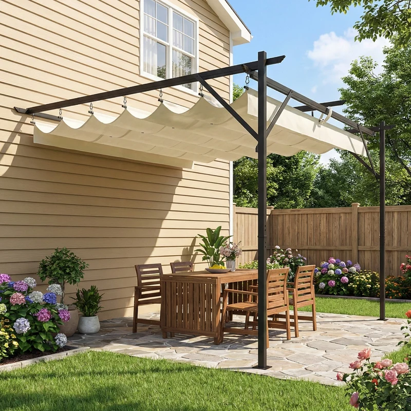 Outsunny Pérgola de Pared de Jardín 3x3 m, Cenador de Jardín con Techo Retráctil, Protección UPF30+, Orificios de Drenaje y Estructura Metálica, Pabellón para Patio, Terraza, Exterior, Blanco Crema