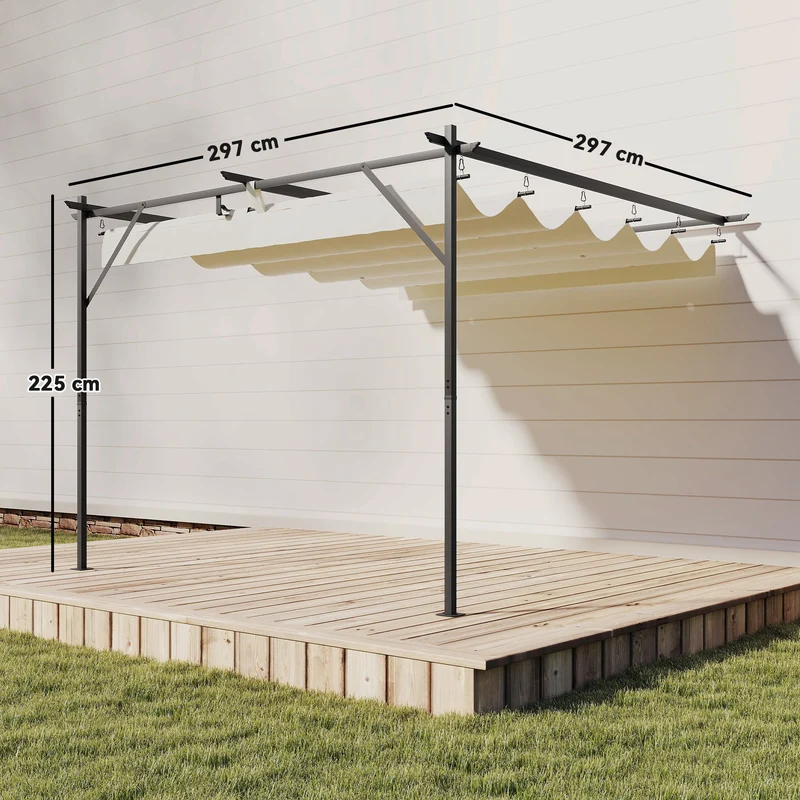 Outsunny Pérgola de Pared de Jardín 3x3 m, Cenador de Jardín con Techo Retráctil, Protección UPF30+, Orificios de Drenaje y Estructura Metálica, Pabellón para Patio, Terraza, Exterior, Blanco Crema