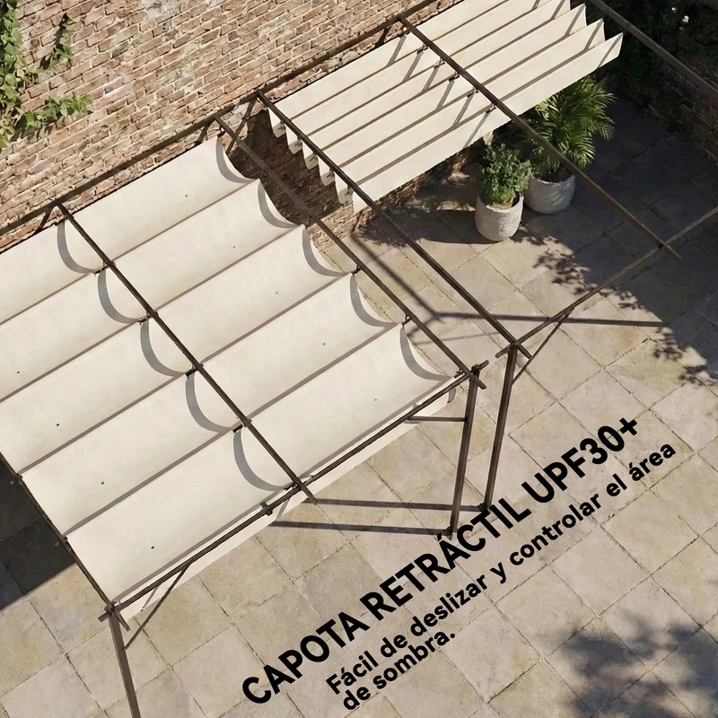 Outsunny Pérgola de Pared de Jardín 3x3 m, Cenador de Jardín con Techo Retráctil, Protección UPF30+, Orificios de Drenaje y Estructura Metálica, Pabellón para Patio, Terraza, Exterior, Blanco Crema