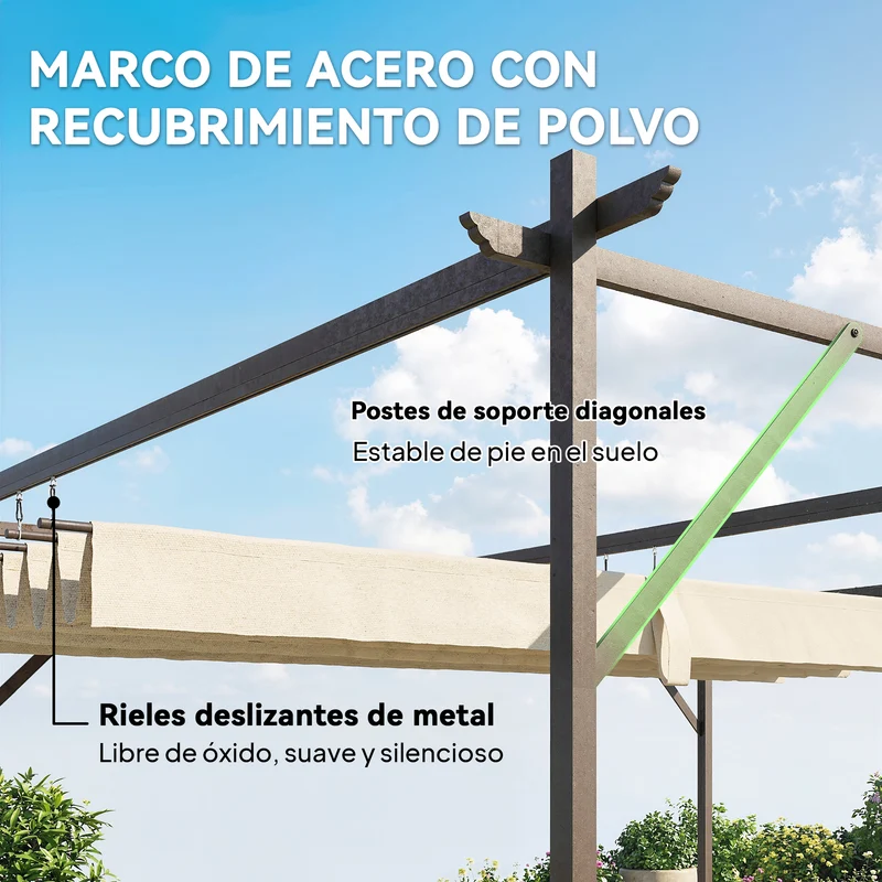 Outsunny Pérgola de Pared de Jardín 3x3 m, Cenador de Jardín con Techo Retráctil, Protección UPF30+, Orificios de Drenaje y Estructura Metálica, Pabellón para Patio, Terraza, Exterior, Blanco Crema