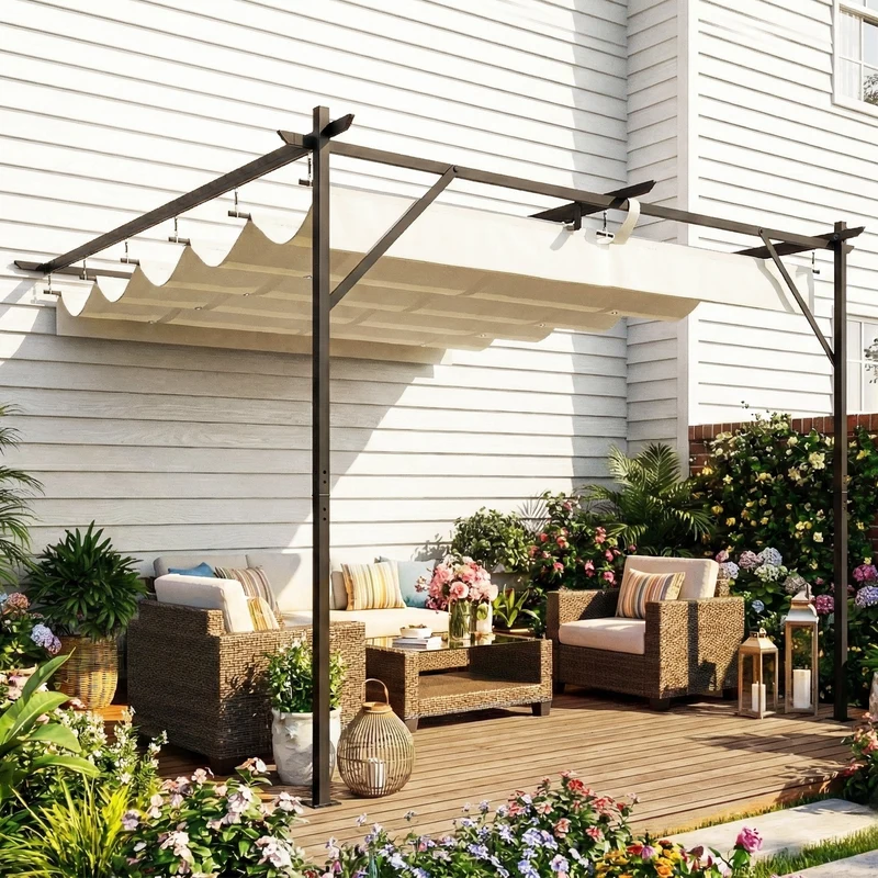 Outsunny Pérgola de Pared de Jardín 3x3 m, Cenador de Jardín con Techo Retráctil, Protección UPF30+, Orificios de Drenaje y Estructura Metálica, Pabellón para Patio, Terraza, Exterior, Blanco Crema
