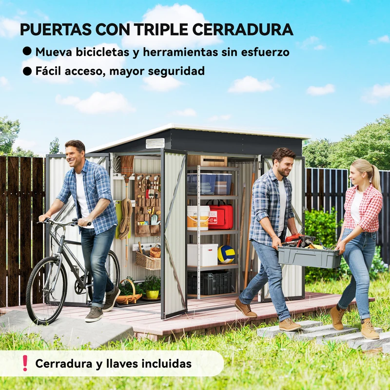 Outsunny Caseta de Jardín Exterior 2,7 m², 234x132x185 cm, Cobertizo de Jardín Exterior Metálico con Triple Puerta, Cerradura, Techo Inclinado y Ventilación para Almacenamiento de Herramientas, Gris