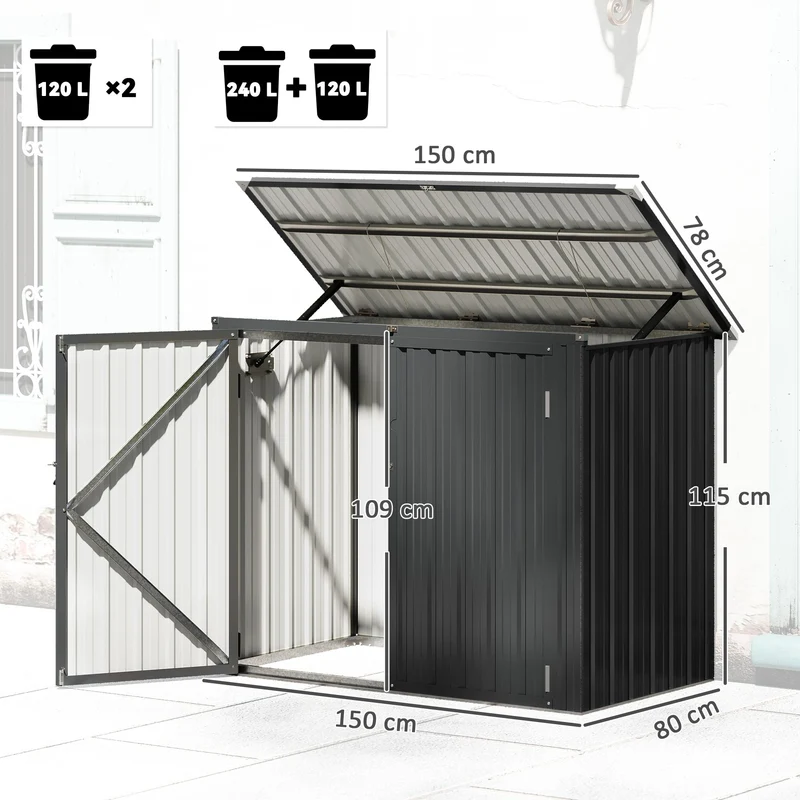Outsunny Cobertizo para Contenedor de Basura Doble, Caseta para Cubo de Basura de 240L de Acero Galvanizado con Tapa Abatible y Puertas con Cerradura, para Jardín, Exterior, 150x80x117 cm, Gris Oscuro
