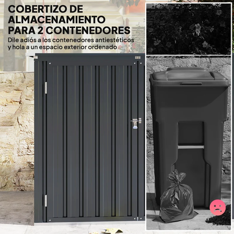 Outsunny Cobertizo para Contenedor de Basura Doble, Caseta para Cubo de Basura de 240L de Acero Galvanizado con Tapa Abatible y Puertas con Cerradura, para Jardín, Exterior, 150x80x117 cm, Gris Oscuro