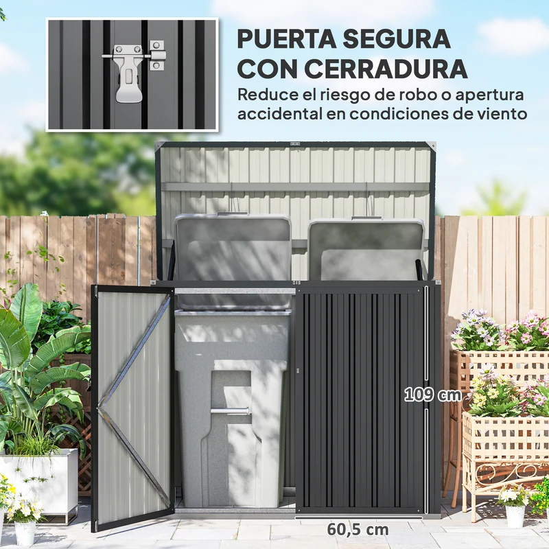 Outsunny Cobertizo para Contenedor de Basura Doble, Caseta para Cubo de Basura de 240L de Acero Galvanizado con Tapa Abatible y Puertas con Cerradura, para Jardín, Exterior, 150x80x117 cm, Gris Oscuro