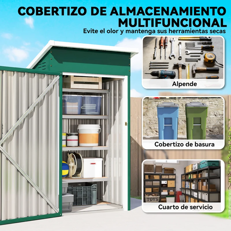 Outsunny Caseta de Jardín Exterior 0,74 m², 107,5x91x185 cm, Cobertizo de Jardín Exterior Metálico con Techo Inclinado, Puerta con Cerradura y Ventilaciones para Almacenamiento de Herramientas, Verde