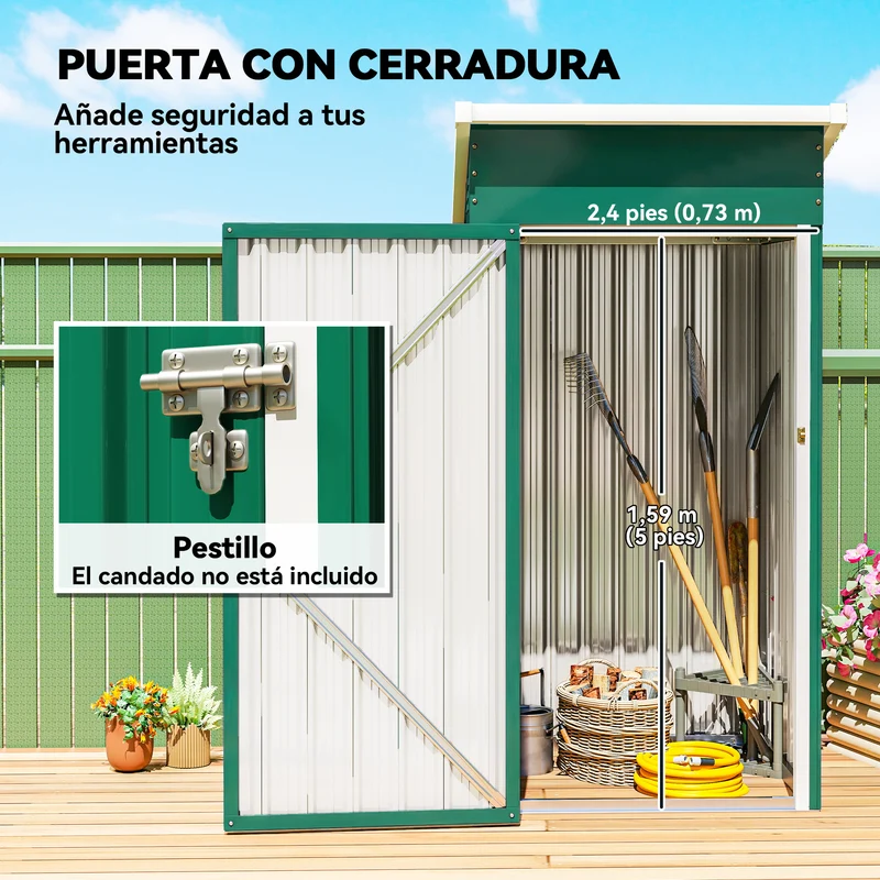 Outsunny Caseta de Jardín Exterior 0,74 m², 107,5x91x185 cm, Cobertizo de Jardín Exterior Metálico con Techo Inclinado, Puerta con Cerradura y Ventilaciones para Almacenamiento de Herramientas, Verde