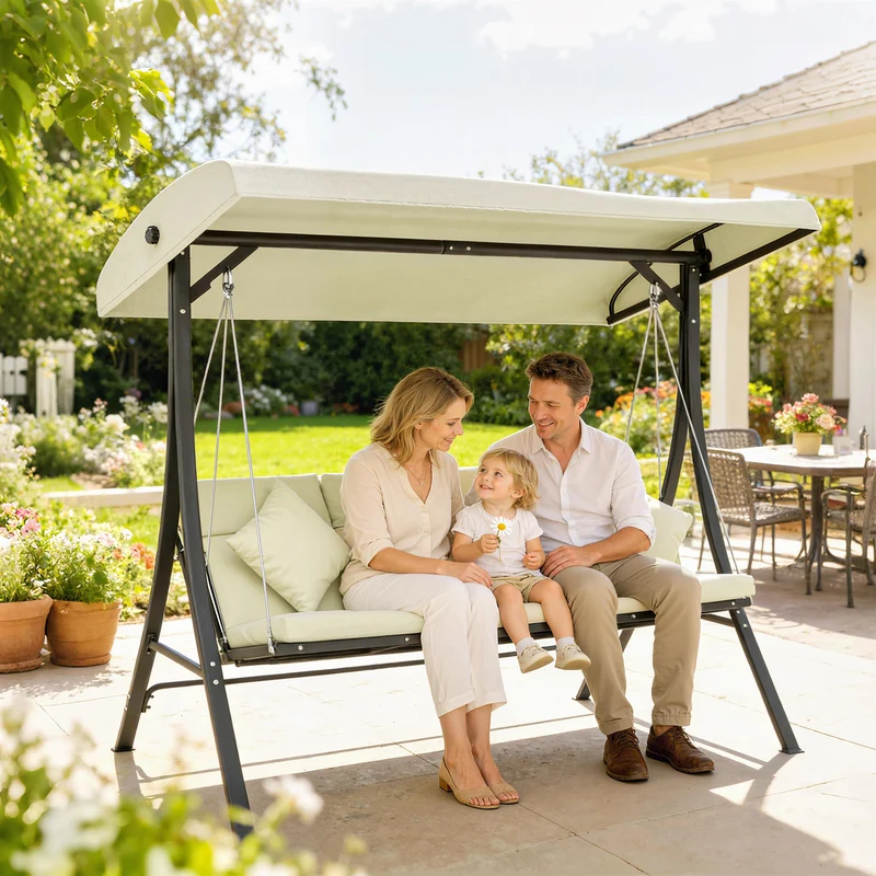 Outsunny Columpio de Jardín Exterior de 3 Plazas, Balancín de Jardín Exterior con Techo Ajustable Cojines, Almohadas y Estructura de Acero, para Terraza, Patio, Carga 320 kg, 202x115x168 cm, Beige