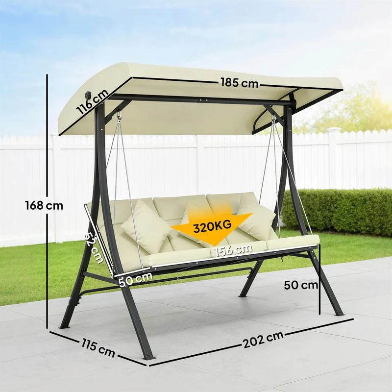 Outsunny Columpio de Jardín Exterior de 3 Plazas, Balancín de Jardín Exterior con Techo Ajustable Cojines, Almohadas y Estructura de Acero, para Terraza, Patio, Carga 320 kg, 202x115x168 cm, Beige