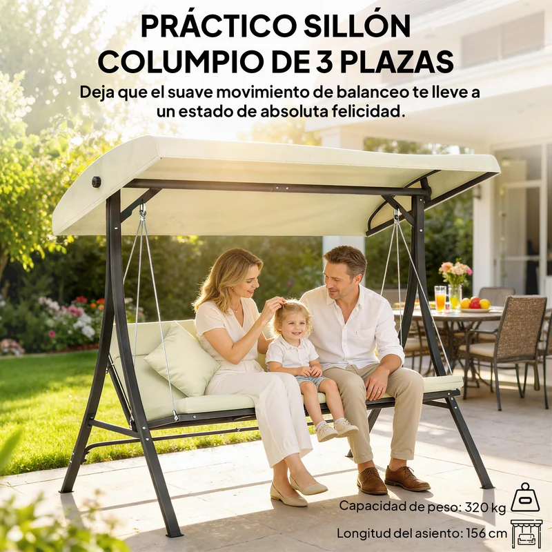Outsunny Columpio de Jardín Exterior de 3 Plazas, Balancín de Jardín Exterior con Techo Ajustable Cojines, Almohadas y Estructura de Acero, para Terraza, Patio, Carga 320 kg, 202x115x168 cm, Beige
